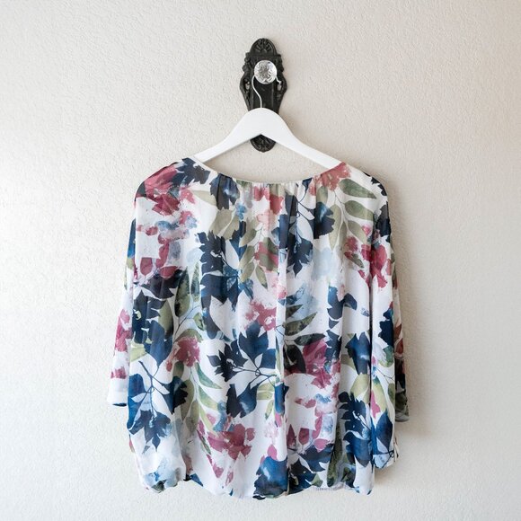 Vince Camuto Floral Blouson Top Size Large Watercolor Print Sheer Sleeve Blouse - Picture 5 of 6